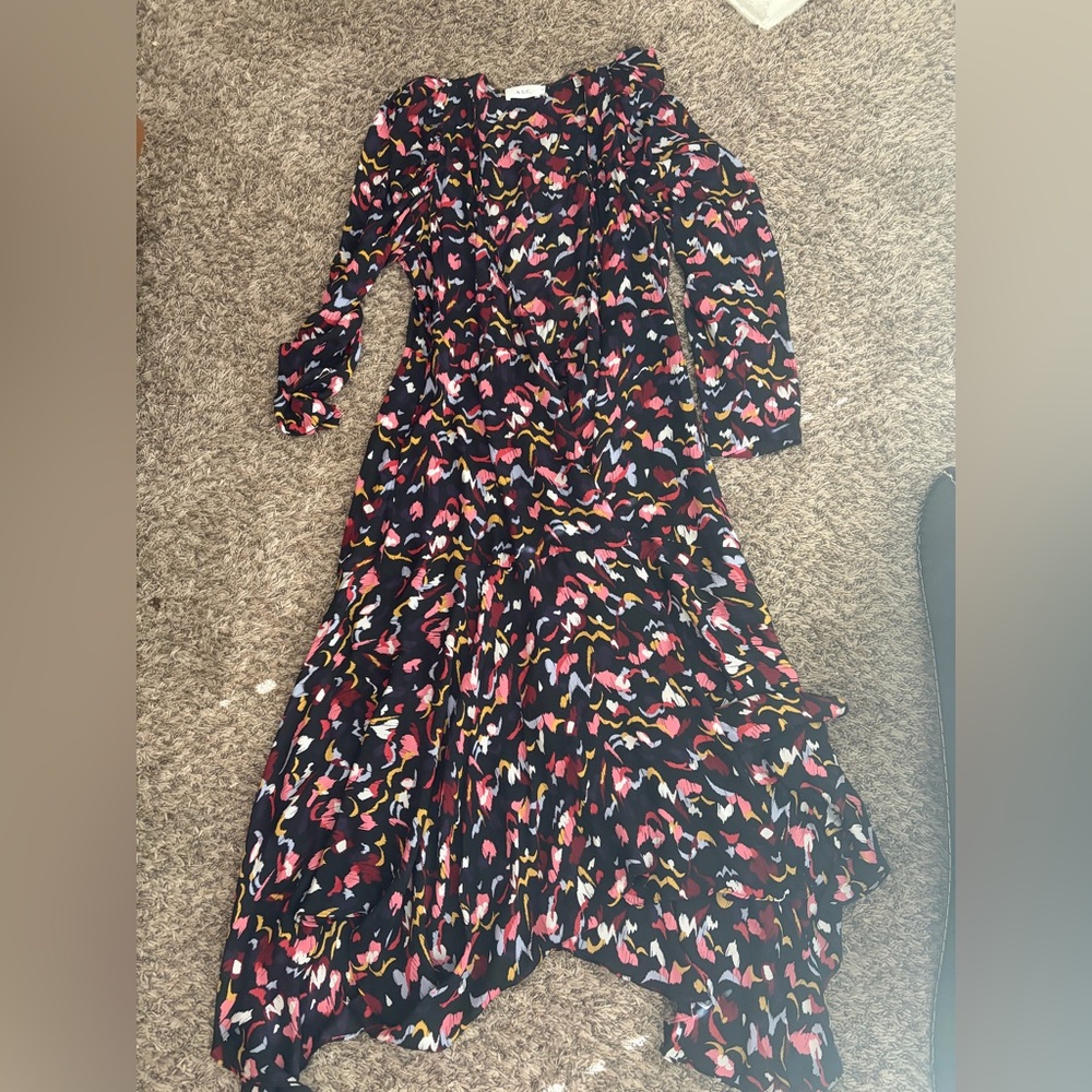 A.L.C. Black Maxi Dress with Multicolor Abstract Print 100% silk Size 14